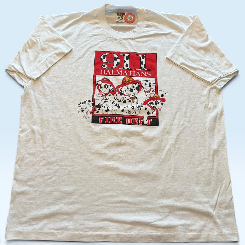 Vintage 911 Dalmatians Fire Dept Shirt Mens 2XL White Fruit Of The Loom T-Shirt